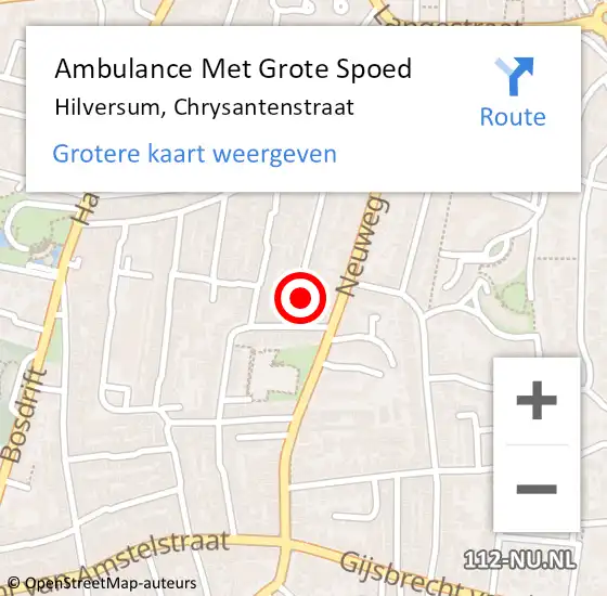 Locatie op kaart van de 112 melding: Ambulance Met Grote Spoed Naar Hilversum, Chrysantenstraat op 16 mei 2015 01:46