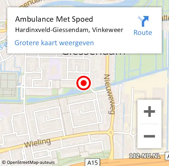 Locatie op kaart van de 112 melding: Ambulance Met Spoed Naar Hardinxveld-Giessendam, Vinkeweer op 16 mei 2015 21:49