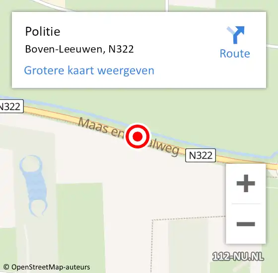 Locatie op kaart van de 112 melding: Politie Boven-Leeuwen, N322 op 18 mei 2015 17:28