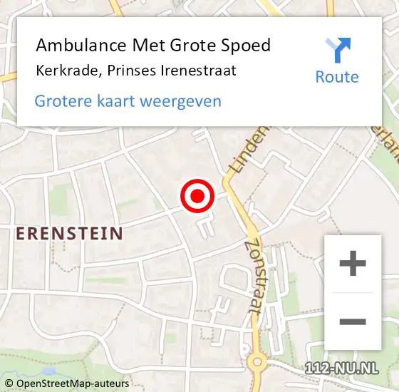 Locatie op kaart van de 112 melding: Ambulance Met Grote Spoed Naar Kerkrade, Prinses Irenestraat op 19 mei 2015 09:42