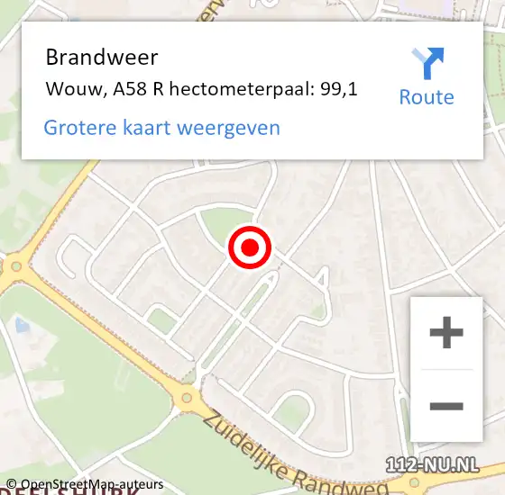 Locatie op kaart van de 112 melding: Brandweer Wouw, A58 R hectometerpaal: 99,1 op 20 mei 2015 12:07