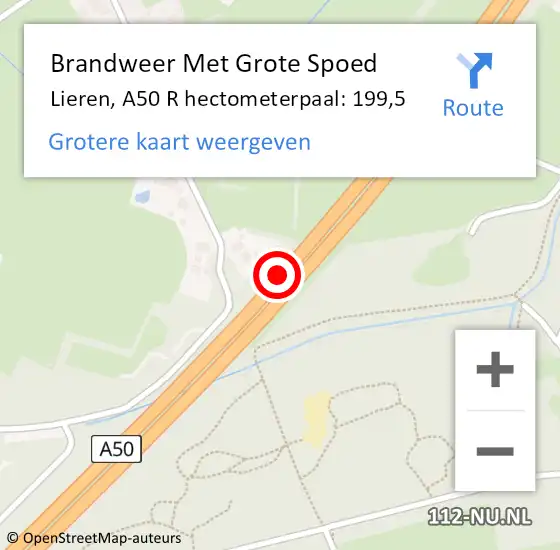 Locatie op kaart van de 112 melding: Brandweer Met Grote Spoed Naar Lieren, A50 R hectometerpaal: 199,5 op 20 mei 2015 18:15