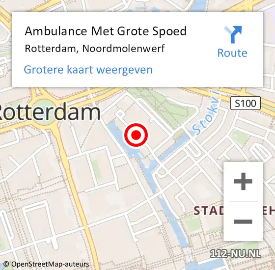 Locatie op kaart van de 112 melding: Ambulance Met Grote Spoed Naar Rotterdam, Noordmolenwerf op 22 mei 2015 16:58