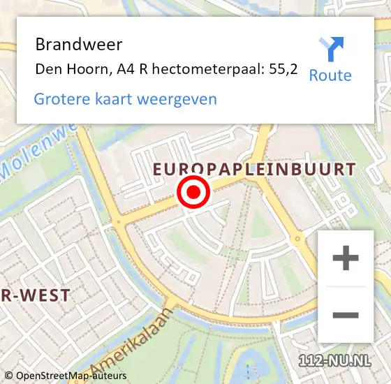 Locatie op kaart van de 112 melding: Brandweer Den Hoorn, A4 R hectometerpaal: 55,2 op 22 mei 2015 17:35