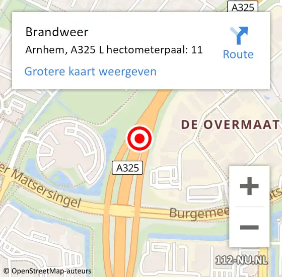 Locatie op kaart van de 112 melding: Brandweer Arnhem, A325 L hectometerpaal: 11 op 23 mei 2015 16:46
