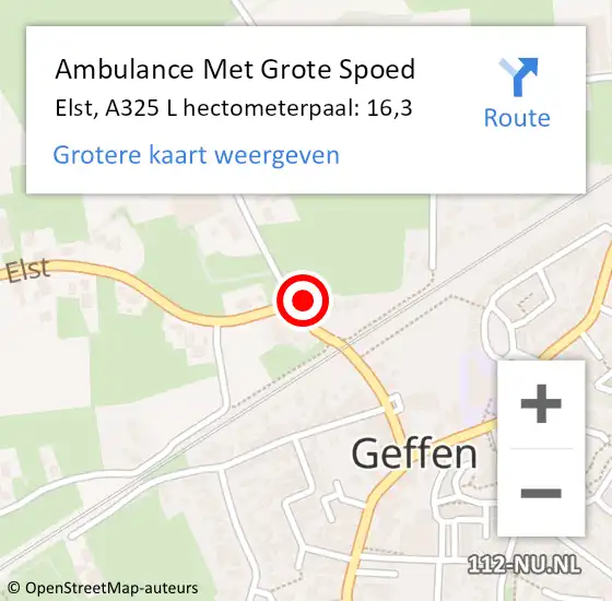 Locatie op kaart van de 112 melding: Ambulance Met Grote Spoed Naar Elst, A325 L hectometerpaal: 16,3 op 23 mei 2015 16:48