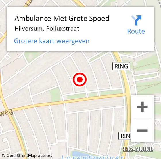 Locatie op kaart van de 112 melding: Ambulance Met Grote Spoed Naar Hilversum, Polluxstraat op 24 mei 2015 01:05