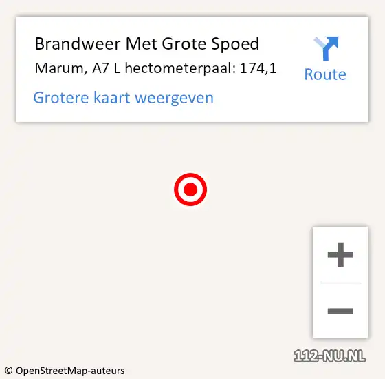 Locatie op kaart van de 112 melding: Brandweer Met Grote Spoed Naar Marum, A7 L hectometerpaal: 174,1 op 26 mei 2015 07:18