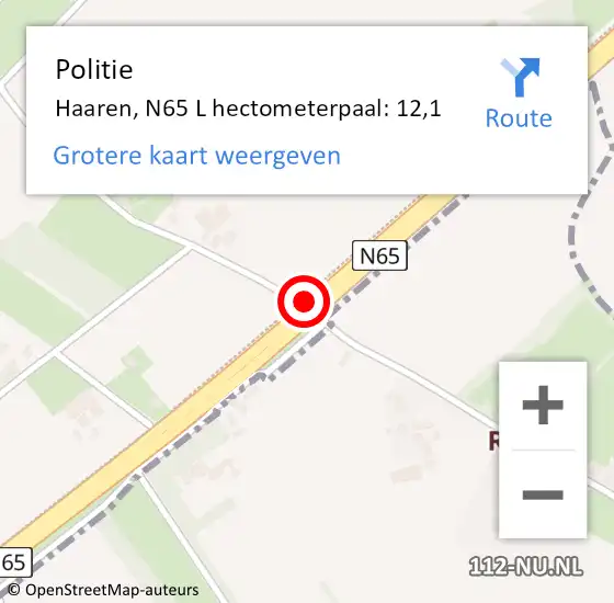 Locatie op kaart van de 112 melding: Politie Haaren, N65 L hectometerpaal: 12,1 op 27 mei 2015 07:56