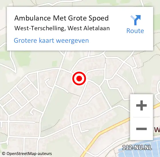 Locatie op kaart van de 112 melding: Ambulance Met Grote Spoed Naar West-Terschelling, West Aletalaan op 27 mei 2015 12:28