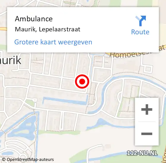 Locatie op kaart van de 112 melding: Ambulance Maurik, Lepelaarstraat op 28 mei 2015 10:38