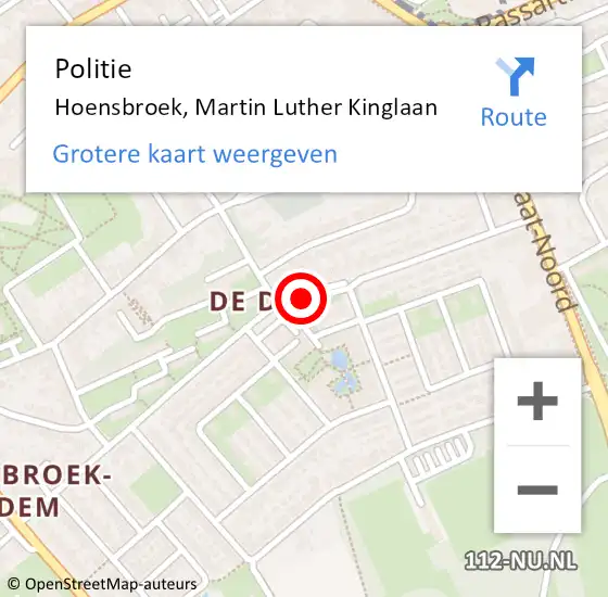 Locatie op kaart van de 112 melding: Politie Hoensbroek, Martin Luther Kinglaan op 28 mei 2015 14:34