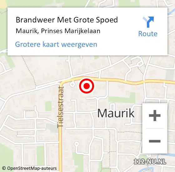 Locatie op kaart van de 112 melding: Brandweer Met Grote Spoed Naar Maurik, Prinses Marijkelaan op 29 mei 2015 04:01