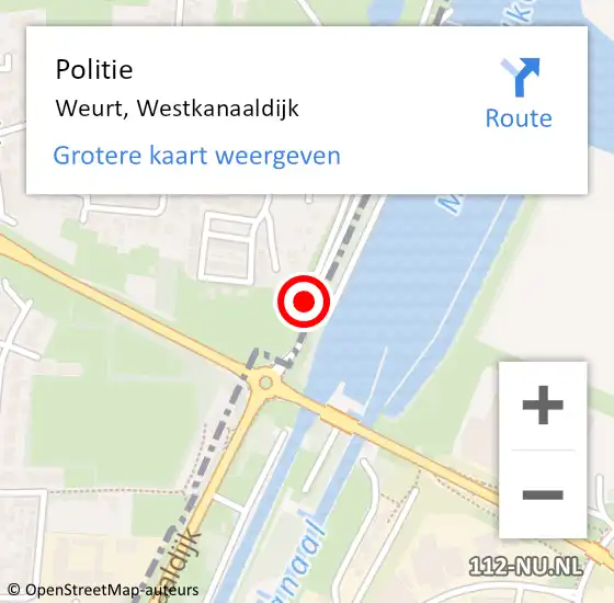 Locatie op kaart van de 112 melding: Politie Weurt, Westkanaaldijk op 29 mei 2015 15:06