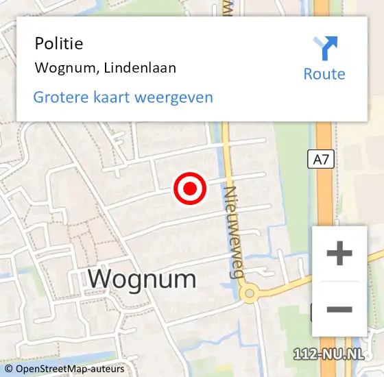 Locatie op kaart van de 112 melding: Politie Wognum, Lindenlaan op 1 juni 2015 13:43