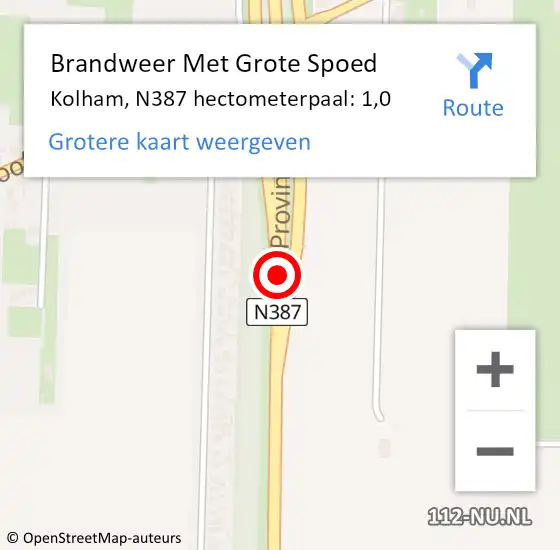 Locatie op kaart van de 112 melding: Brandweer Met Grote Spoed Naar Kolham, N387 hectometerpaal: 1,0 op 2 juni 2015 10:38