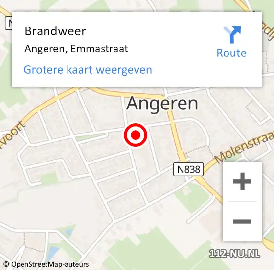 Locatie op kaart van de 112 melding: Brandweer Angeren, Emmastraat op 2 juni 2015 21:22