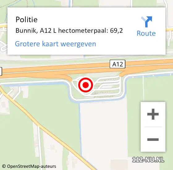 Locatie op kaart van de 112 melding: Politie Bunnik, A12 L hectometerpaal: 69,2 op 5 juni 2015 07:25