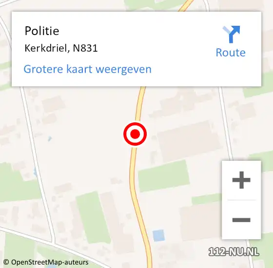 Locatie op kaart van de 112 melding: Politie Kerkdriel, N831 op 6 juni 2015 01:09