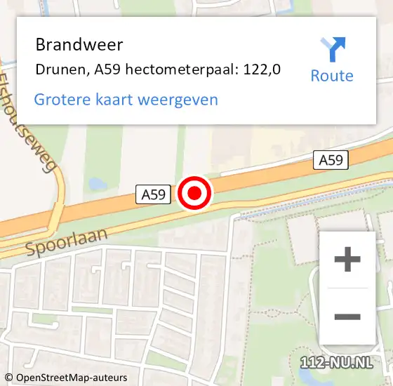 Locatie op kaart van de 112 melding: Brandweer Drunen, A59 hectometerpaal: 122,5 op 6 juni 2015 02:06