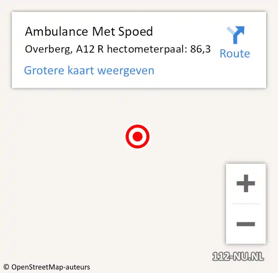 Locatie op kaart van de 112 melding: Ambulance Met Spoed Naar Overberg, A12 R hectometerpaal: 86,3 op 7 juni 2015 17:59