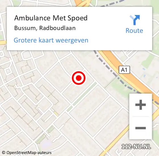 Locatie op kaart van de 112 melding: Ambulance Met Spoed Naar Bussum, Radboudlaan op 9 juni 2015 13:55