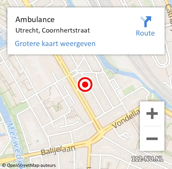 Locatie op kaart van de 112 melding: Ambulance Utrecht, Coornhertstraat op 10 juni 2015 01:17