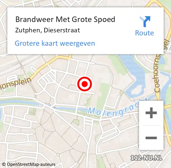 Locatie op kaart van de 112 melding: Brandweer Met Grote Spoed Naar Zutphen, Dieserstraat op 10 juni 2015 22:36