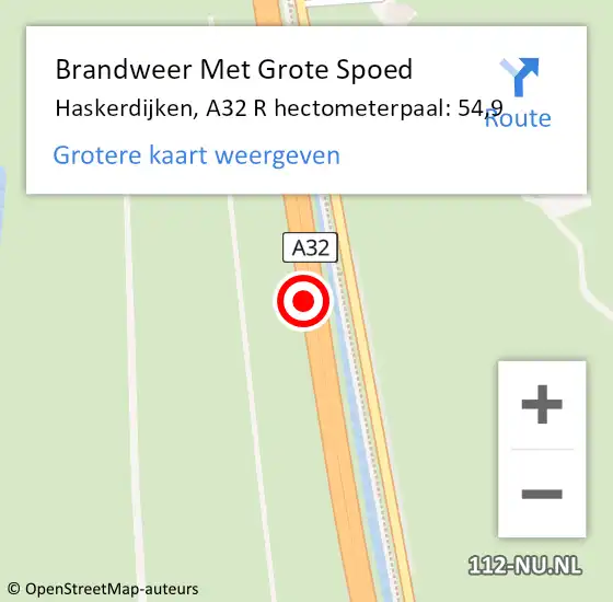 Locatie op kaart van de 112 melding: Brandweer Met Grote Spoed Naar Haskerdijken, A32 R hectometerpaal: 55,3 op 12 juni 2015 06:30