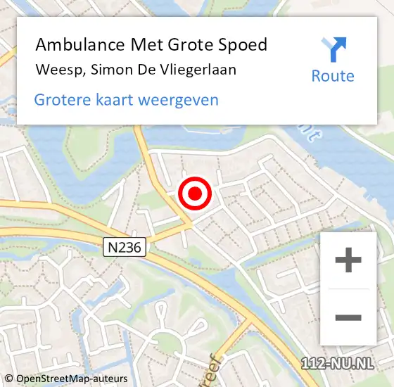 Locatie op kaart van de 112 melding: Ambulance Met Grote Spoed Naar Weesp, Simon De Vliegerlaan op 13 juni 2015 00:39