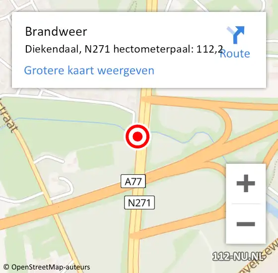 Locatie op kaart van de 112 melding: Brandweer Diekendaal, N271 hectometerpaal: 112,2 op 13 juni 2015 17:56