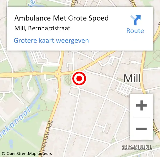 Locatie op kaart van de 112 melding: Ambulance Met Grote Spoed Naar Mill, Bernhardstraat op 14 juni 2015 00:08