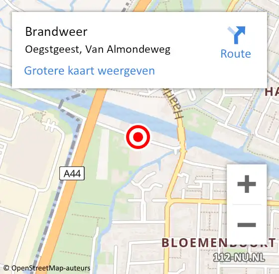 Locatie op kaart van de 112 melding: Brandweer Oegstgeest, Van Almondeweg op 14 juni 2015 20:31