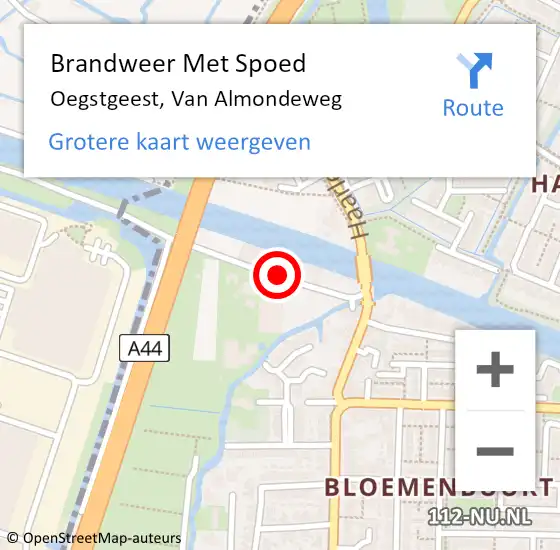 Locatie op kaart van de 112 melding: Brandweer Met Spoed Naar Oegstgeest, Van Almondeweg op 14 juni 2015 20:33