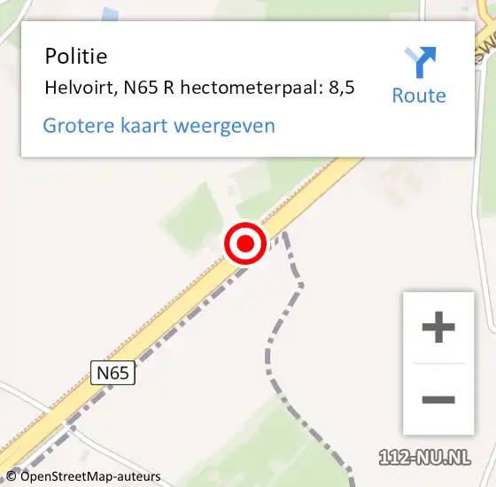 Locatie op kaart van de 112 melding: Politie Helvoirt, N65 R hectometerpaal: 8,5 op 15 juni 2015 14:55