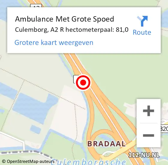 Locatie op kaart van de 112 melding: Ambulance Met Grote Spoed Naar Culemborg, A2 R hectometerpaal: 81,0 op 15 juni 2015 14:59