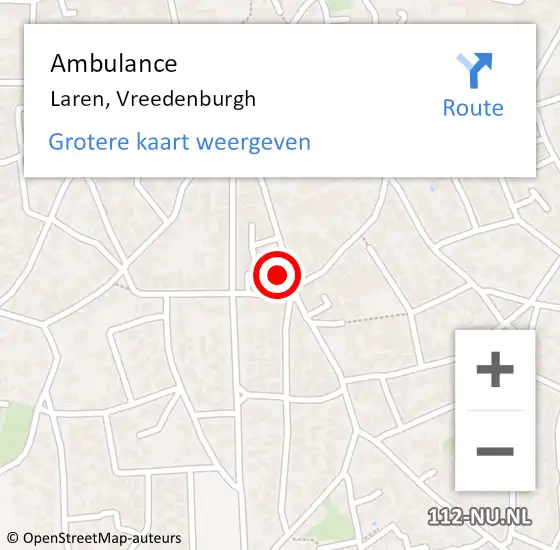 Locatie op kaart van de 112 melding: Ambulance Laren, Vreedenburgh op 16 juni 2015 14:10