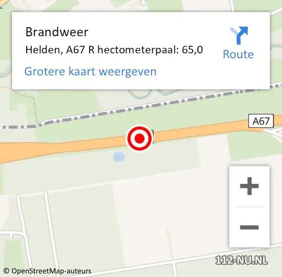 Locatie op kaart van de 112 melding: Brandweer Helden, A67 R hectometerpaal: 65,0 op 16 juni 2015 17:20