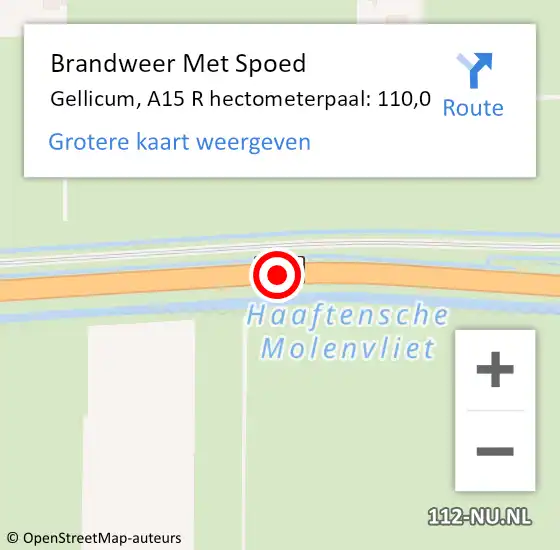 Locatie op kaart van de 112 melding: Brandweer Met Spoed Naar Gellicum, A15 R hectometerpaal: 110,0 op 18 juni 2015 12:38