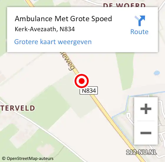 Locatie op kaart van de 112 melding: Ambulance Met Grote Spoed Naar Kerk-Avezaath, N834 op 19 juni 2015 09:04