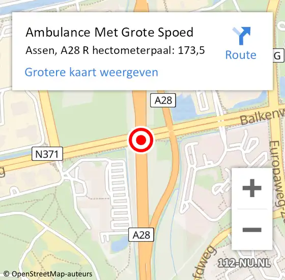 Locatie op kaart van de 112 melding: Ambulance Met Grote Spoed Naar Assen, A28 R hectometerpaal: 173,5 op 21 juni 2015 04:39