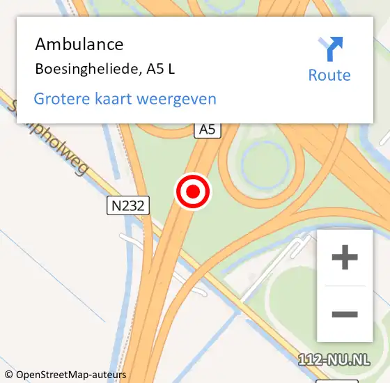 Locatie op kaart van de 112 melding: Ambulance Boesingheliede, A5 L op 21 juni 2015 11:45