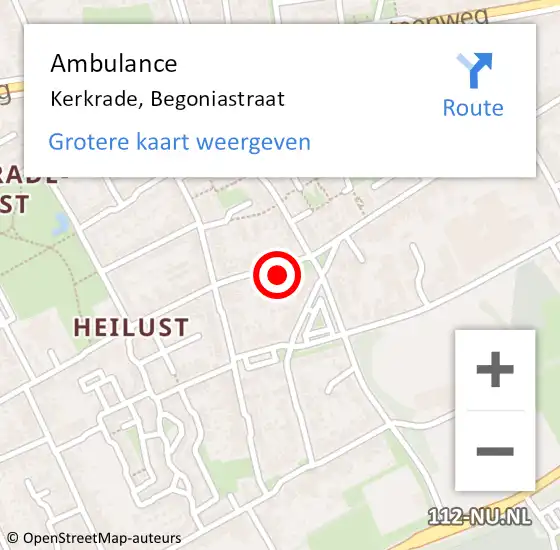 Locatie op kaart van de 112 melding: Ambulance Kerkrade, Begoniastraat op 22 juni 2015 13:21