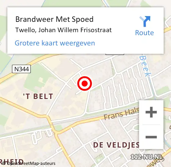 Locatie op kaart van de 112 melding: Brandweer Met Spoed Naar Twello, Johan Willem Frisostraat op 22 juni 2015 21:13