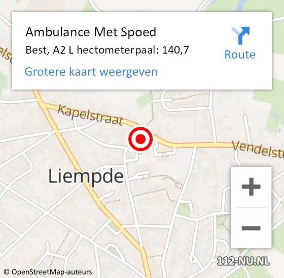 Locatie op kaart van de 112 melding: Ambulance Met Spoed Naar Best, A2 L hectometerpaal: 140,7 op 23 juni 2015 00:59