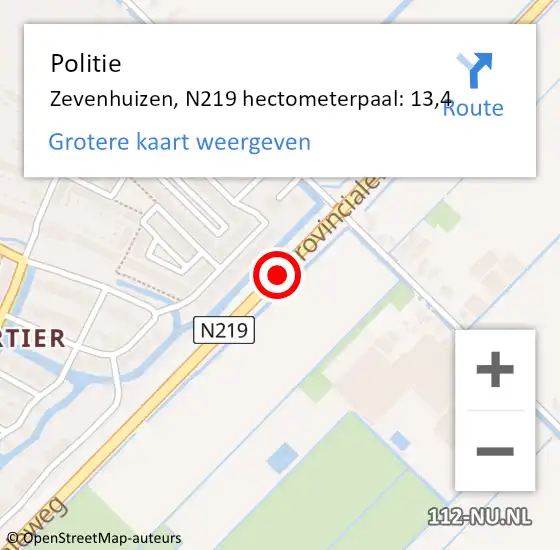 Locatie op kaart van de 112 melding: Politie Zevenhuizen, N219 hectometerpaal: 12,0 op 23 juni 2015 08:39