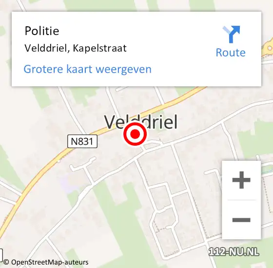 Locatie op kaart van de 112 melding: Politie Velddriel, Kapelstraat op 24 juni 2015 14:48