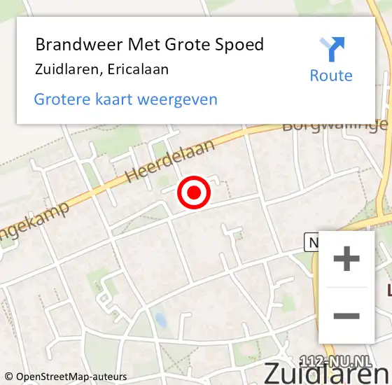 Locatie op kaart van de 112 melding: Brandweer Met Grote Spoed Naar Zuidlaren, Ericalaan op 25 juni 2015 22:27