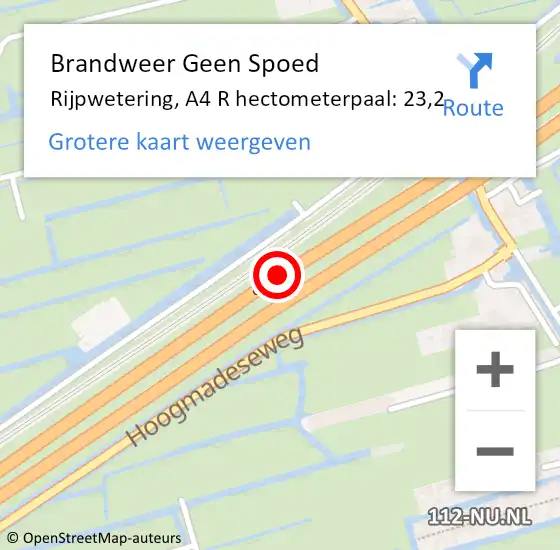 Locatie op kaart van de 112 melding: Brandweer Geen Spoed Naar Rijpwetering, A4 R hectometerpaal: 23,2 op 27 juni 2015 00:22