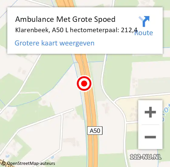 Locatie op kaart van de 112 melding: Ambulance Met Grote Spoed Naar Klarenbeek, A50 L hectometerpaal: 212,4 op 27 juni 2015 02:54